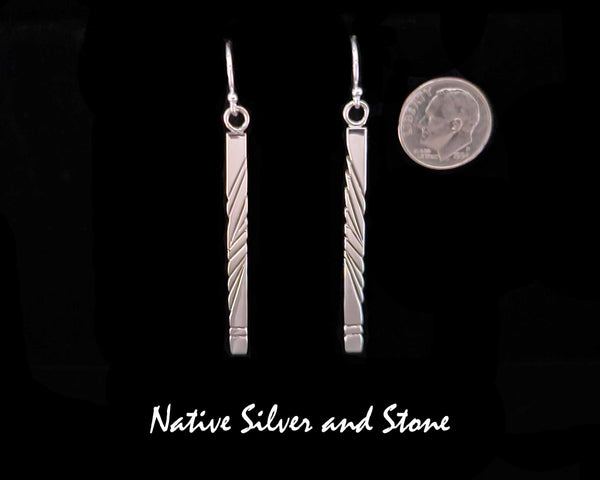Artie Yellowhorse - Navajo<br>ERSAS<br>2-1/4" Earrings<br>Elongated Narrow Rectangles<br>Stamping<br>Hook<br>Sterling Silver