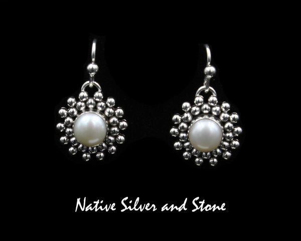 Z Artie Yellowhorse - Navajo<br>ERSPBB<br>11/16" Earrings<br>Pearl - 8mm<br>Burst Beads<br>Hook<br>Sterling Silver
