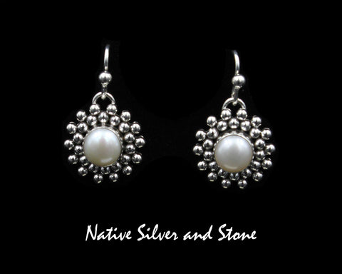 Z Artie Yellowhorse - Navajo<br>ERSPBB<br>11/16" Earrings<br>Pearl - 8mm<br>Burst Beads<br>Hook<br>Sterling Silver