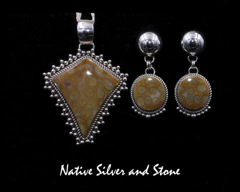 Artie Yellowhorse - Navajo<br>Set - Fossil Coral<br>Yellow Gold<br>Pendant & Earrings (Dangle Post)<br>Shield & Oval<br>Burst Bead & 8 Bead<br>Sterling Silver