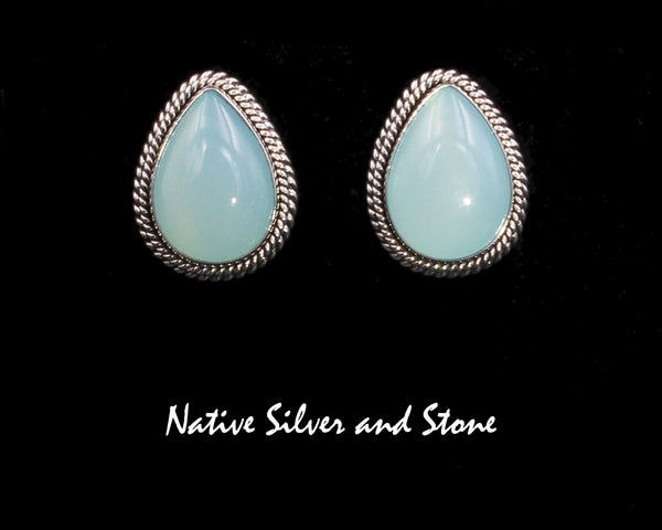 Z Artie Yellowhorse - Navajo<br>7/8" Earrings<br>18mm Chalcedony Teardrop<br>Double Twist<br>Post<br>Sterling Silver