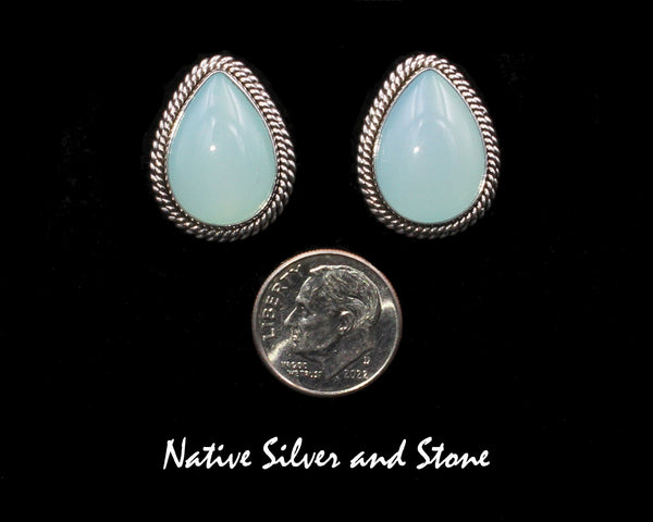 Z Artie Yellowhorse - Navajo<br>7/8" Earrings<br>18mm Chalcedony Teardrop<br>Double Twist<br>Post<br>Sterling Silver