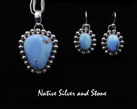 Z Artie Yellowhorse - Navajo<br>Set - Golden Hills Turquoise<br>Pendant & Earrings (Hook)<br>Single Bead<br>Sterling Silver