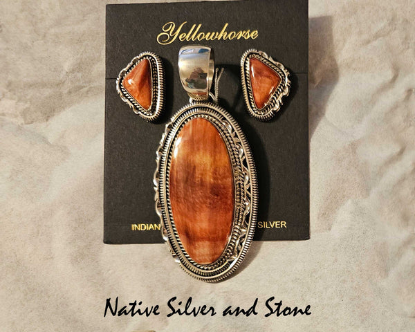 Z Artie Yellowhorse - Navajo<br>Henry Chackee - Navajo (Deceased)<br>Set - Burnt Orange Spiny<br>Pendant & Earrings (Post)<br>Twist, Double Sawcut & Pinch <br>Sterling Silver