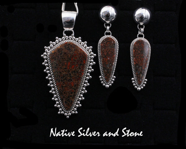 Artie Yellowhorse - Navajo<br>Set - Dinosaur Bone - Fossilized<br>Pendant - Twist w Burst Bead<br>& Earrings - Twist & 9 Bead,<br>Dangle Post<br>Sterling Silver