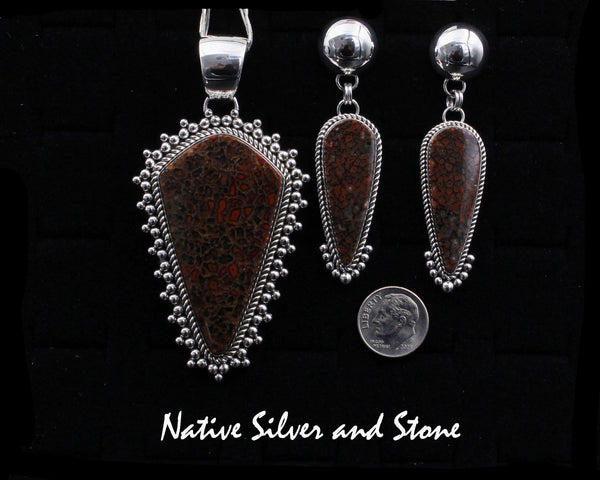 Artie Yellowhorse - Navajo<br>Set - Dinosaur Bone - Fossilized<br>Pendant - Twist w Burst Bead<br>& Earrings - Twist & 9 Bead,<br>Dangle Post<br>Sterling Silver
