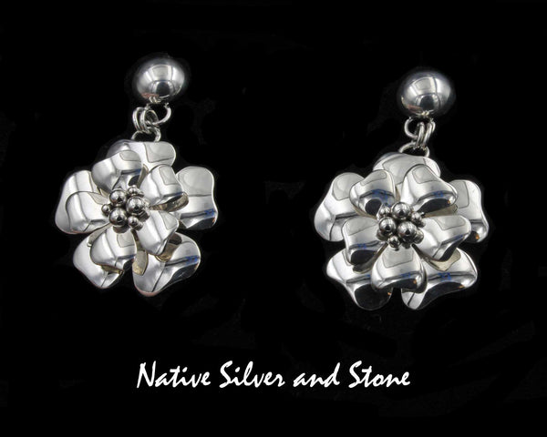 Artie Yellowhorse - Navajo<br>ERDPASDW<br>1-3/4"Earrings <br>3D Dogwood Flower 6B<br>3/8" Dome<br>Dangle Post<br>Sterling Silver