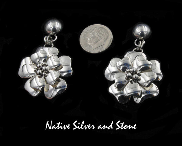 Artie Yellowhorse - Navajo<br>ERDPASDW<br>1-3/4"Earrings <br>3D Dogwood Flower 6B<br>3/8" Dome<br>Dangle Post<br>Sterling Silver