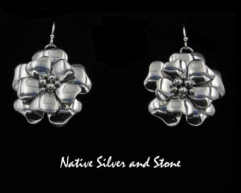 Artie Yellowhorse - Navajo<br>ERSHASDW<br>1-1/8"Earrings <br>3D Dogwood Flower 6B<br>Hook<br>Sterling Silver