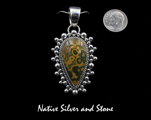 Artie Yellowhorse - Navajo<br>1-3/4" Pendant<br>Madagascar Ocean Jasper<br>Reverse Teardrop<br>Burst Bead<br>Sterling Silver