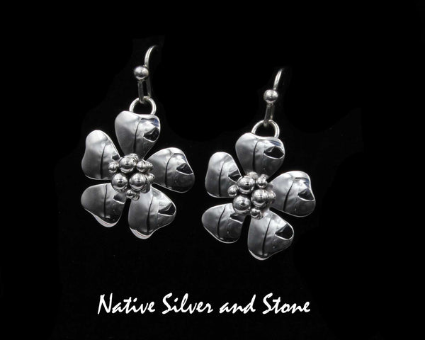 Artie Yellowhorse - Navajo<br>ERSHASCOF<br>7/8" Earrings - Small Flower<br>Single Layer Cutout 6 Ball<br>Hook<br>Sterling Silver
