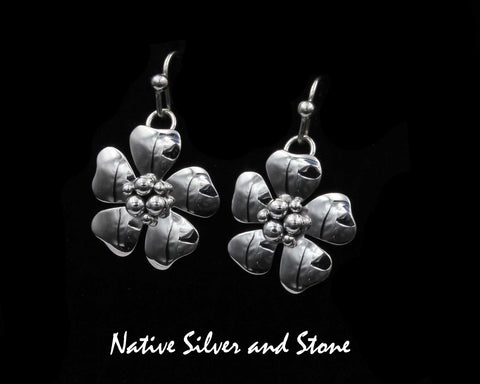 Artie Yellowhorse - Navajo<br>ERSHASCOF<br>7/8" Earrings - Small Flower<br>Single Layer Cutout 6 Ball<br>Hook<br>Sterling Silver