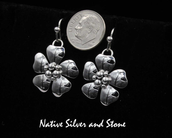 Artie Yellowhorse - Navajo<br>ERSHASCOF<br>7/8" Earrings - Small Flower<br>Single Layer Cutout 6 Ball<br>Hook<br>Sterling Silver