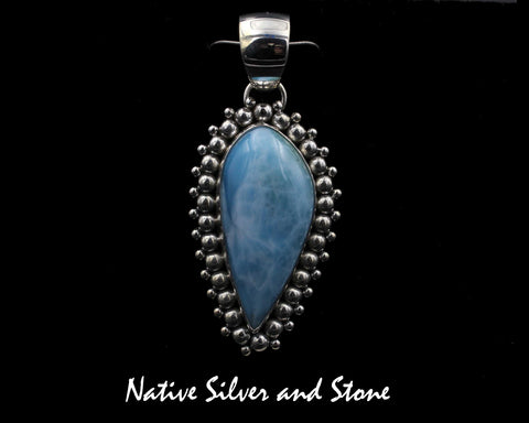 Artie Yellowhorse - Navajo<br>2" Pendant<br>38mm x 18mm Freeform Reverse Teardrop<br>Larimar<br>Burst Bead<br>Sterling Silver