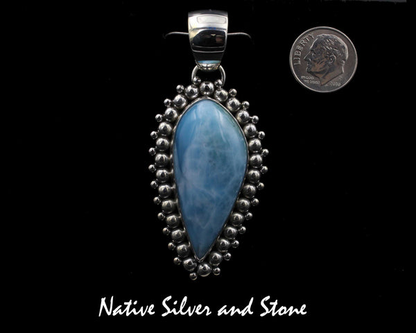 Artie Yellowhorse - Navajo<br>2" Pendant<br>38mm x 18mm Freeform Reverse Teardrop<br>Larimar<br>Burst Bead<br>Sterling Silver