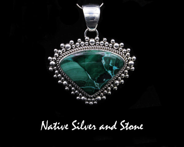 Artie Yellowhorse - Navajo<br>PDTMCBB<br>1-11/16"  Pendant<br>Malachite from Congo<br>Medium-Large Vertical Soft Triangle<br>Single Twist - Burst Beads/Scatterdot<br>Sterling Silver