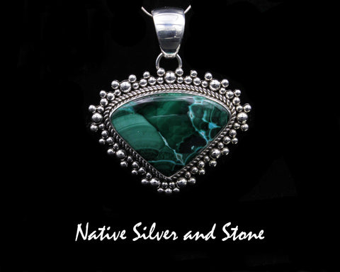 Artie Yellowhorse - Navajo<br>PDTMCBB<br>1-11/16"  Pendant<br>Malachite from Congo<br>Medium-Large Vertical Soft Triangle<br>Single Twist - Burst Beads/Scatterdot<br>Sterling Silver