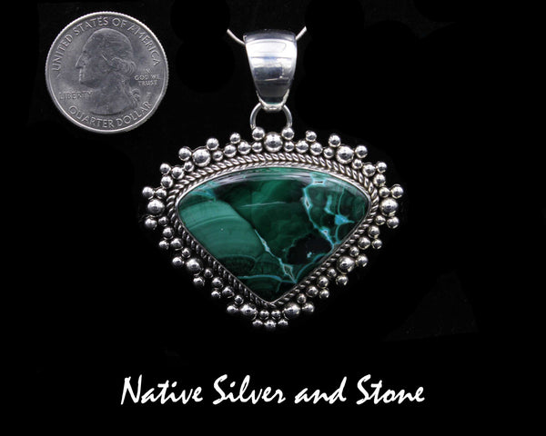 Artie Yellowhorse - Navajo<br>PDTMCBB<br>1-11/16"  Pendant<br>Malachite from Congo<br>Medium-Large Vertical Soft Triangle<br>Single Twist - Burst Beads/Scatterdot<br>Sterling Silver