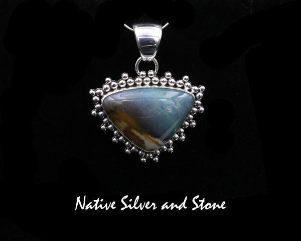 Artie Yellowhorse - Navajo<br>PDTOWBB<br>1-5/16"  Pendant<br>Opal Wood<br>Medium Vertical Soft Triangle<br>Burst Beads/Scatterdot<br>Sterling Silver