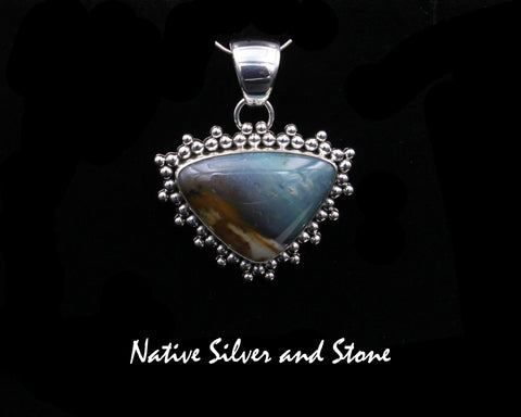 Artie Yellowhorse - Navajo<br>PDTOWBB<br>1-5/16"  Pendant<br>Opal Wood<br>Medium Vertical Soft Triangle<br>Burst Beads/Scatterdot<br>Sterling Silver