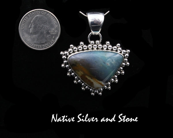 Artie Yellowhorse - Navajo<br>PDTOWBB<br>1-5/16"  Pendant<br>Opal Wood<br>Medium Vertical Soft Triangle<br>Burst Beads/Scatterdot<br>Sterling Silver