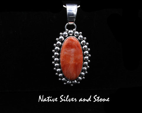 Artie Yellowhorse - Navajo<br>PDTOSBB<br>1-7/8" Pendant<br>36mm x 18mm Orange Spiny<br>Long Oval<br>Large & Tiny Beads<br>Sterling Silver
