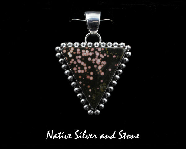 Artie Yellowhorse - Navajo<br>1-1-2" Pendant<br>Madagascar Pink Dot Ocean Jasper Triangle<br>Single Bead Perimeter<br>Sterling Silver