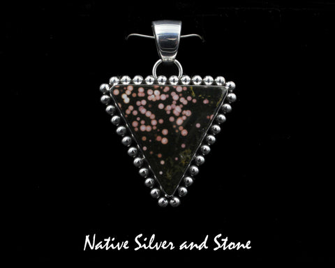Artie Yellowhorse - Navajo<br>1-1-2" Pendant<br>Madagascar Pink Dot Ocean Jasper Triangle<br>Single Bead Perimeter<br>Sterling Silver