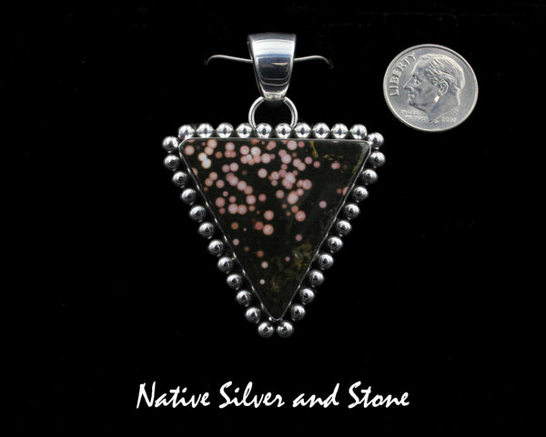 Artie Yellowhorse - Navajo<br>1-1-2" Pendant<br>Madagascar Pink Dot Ocean Jasper Triangle<br>Single Bead Perimeter<br>Sterling Silver