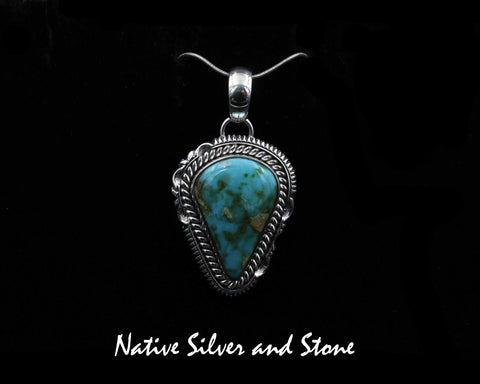Artie Yellowhorse - Navajo<br>PDTTSC<br>1-1/16" Pendant<br>Kingman Turquoise<br>Petite Reverse Teardrop<br>Single Twistwire & Sawcut with Pinch<br>Sterling Silver