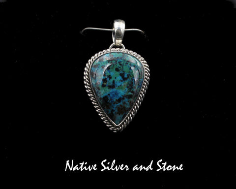 Artie Yellowhorse - Navajo<br>1-3/16"  Pendant<br>Shattuckite<br>Reverse Teardrop<br>Double Twist<br>Sterling Silver