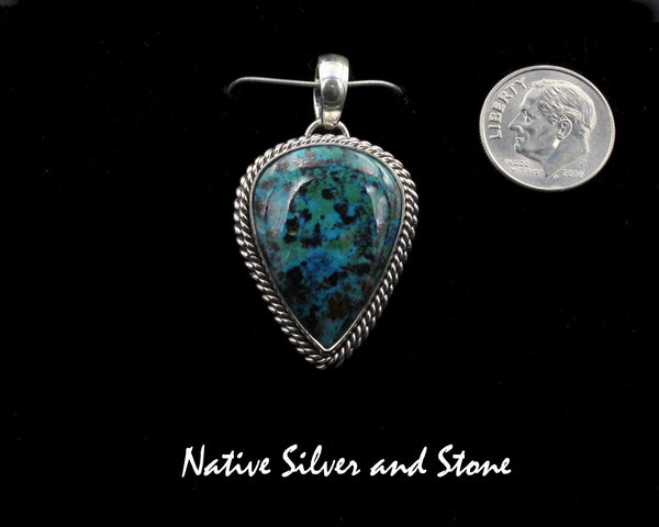 Artie Yellowhorse - Navajo<br>1-3/16"  Pendant<br>Shattuckite<br>Reverse Teardrop<br>Double Twist<br>Sterling Silver