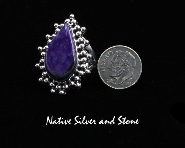 Z Artie Yellowhorse - Navajo<br>RGSGBB<br>1-5/16" Ring<br>Sugilite<br>Reverse Teardrop<br>Narrow Split Band<br>Burst Beads/Scatterdot<br>Sterling Silver<br>Sizes: 8
