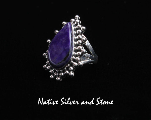Z Artie Yellowhorse - Navajo<br>RGSGBB<br>1-5/16" Ring<br>Sugilite<br>Reverse Teardrop<br>Narrow Split Band<br>Burst Beads/Scatterdot<br>Sterling Silver<br>Sizes: 8