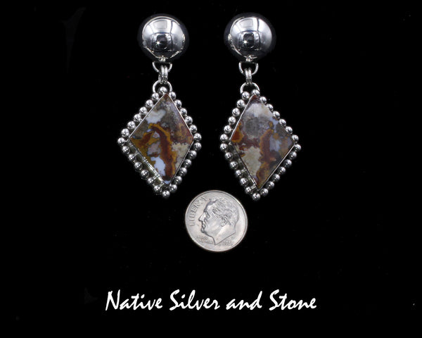 Artie Yellowhorse - Navajo<br>Set - Moroccan Agate - Varigated<br>Pendant - Shield - Single Bead<br>& Earrings - Diamond - Single Bead<br>Dangle Post<br>Sterling Silver