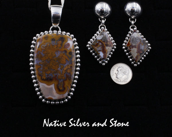 Artie Yellowhorse - Navajo<br>Set - Moroccan Agate - Varigated<br>Pendant - Shield - Single Bead<br>& Earrings - Diamond - Single Bead<br>Dangle Post<br>Sterling Silver