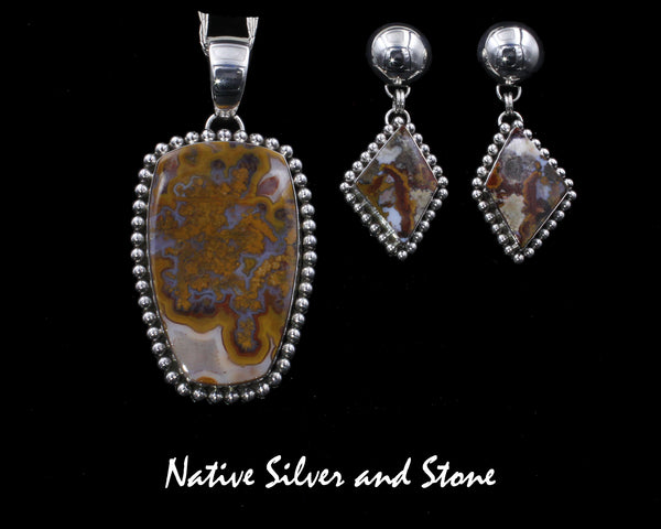 Artie Yellowhorse - Navajo<br>Set - Moroccan Agate - Varigated<br>Pendant - Shield - Single Bead<br>& Earrings - Diamond - Single Bead<br>Dangle Post<br>Sterling Silver