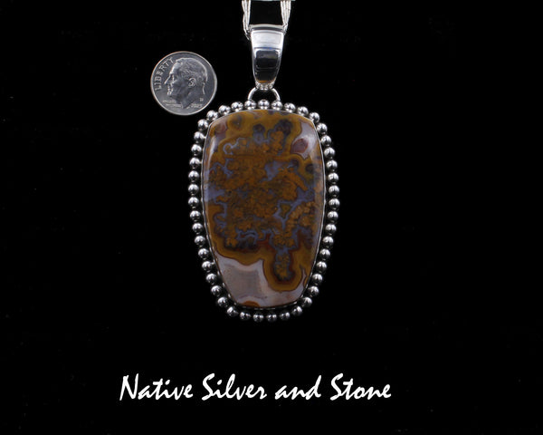 Artie Yellowhorse - Navajo<br>Set - Moroccan Agate - Varigated<br>Pendant - Shield - Single Bead<br>& Earrings - Diamond - Single Bead<br>Dangle Post<br>Sterling Silver