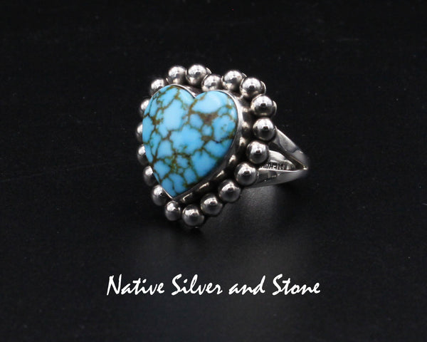 Z Artie Yellowhorse - Navajo<br>RGTSB<br>7/8" Ring<br>16mm Kingman Blue & Green Turquois<br> Heart<br>Single Bead<br>Sterling Silver<br>Size 7+