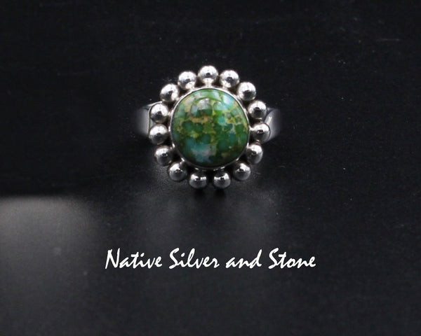 Artie Yellowhorse - Navajo<br>RGTSB<br>5/8" Ring<br>11mm Round<br>Turquoise - Mexican Sonoran Gold<br>Single Bead<br>Sterling Silver<br>Size 7