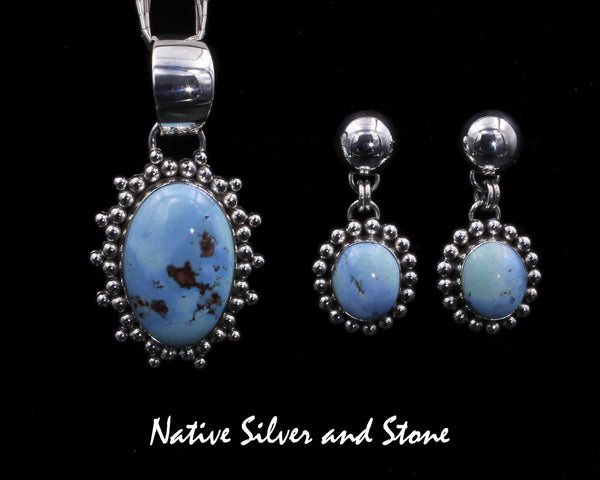 Artie Yellowhorse - Navajo<br>Set - Golden Hills Turquoise<br>Pendant Burst Bead &<br>Earrings (Dangle Post) Single Bead<br>Sterling Silver