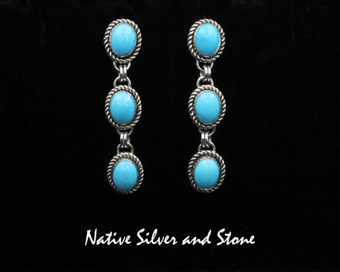 Artie Yellowhorse - Navajo<br>ERDTSBT<br>2" Earrings<br>(3) - 9mm x 7mm Ovals<br>Sleeping Beauty Turquoise<br>Single Twist<br>Post<br>Sterling Silver