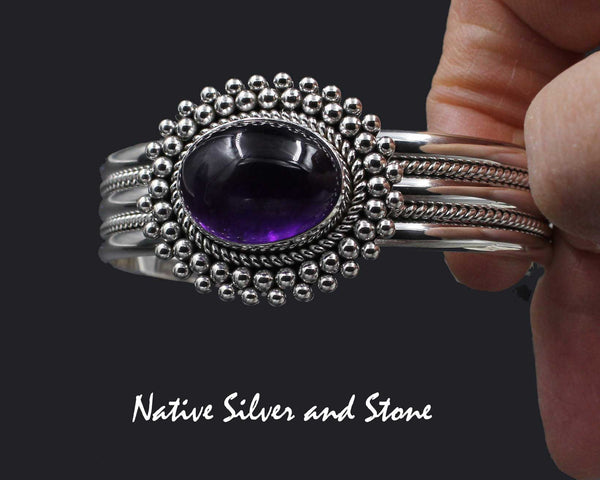 Artie Yellowhorse - Navajo<br>BCMATBB<br>5/8" Twist & Rail Cuff<br>15mm x 20mm Amethyst (purple)<br>Horizontal Oval<br> Twist & Double Offset Beads<br>Sterling Silver<br>Size 6-9/16 (Medium)