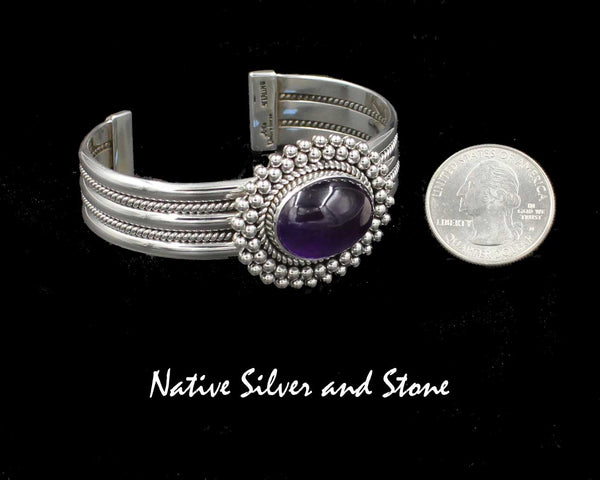 Artie Yellowhorse - Navajo<br>BCMATBB<br>5/8" Twist & Rail Cuff<br>15mm x 20mm Amethyst (purple)<br>Horizontal Oval<br> Twist & Double Offset Beads<br>Sterling Silver<br>Size 6-9/16 (Medium)