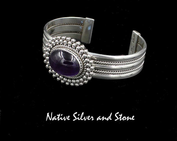 Artie Yellowhorse - Navajo<br>BCMATBB<br>5/8" Twist & Rail Cuff<br>15mm x 20mm Amethyst (purple)<br>Horizontal Oval<br> Twist & Double Offset Beads<br>Sterling Silver<br>Size 6-9/16 (Medium)
