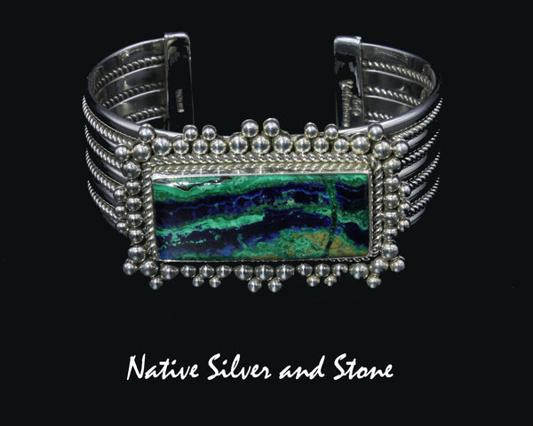 Z Artie Yellowhorse - Navajo<br>BCMAMTBB<br>7/8" Bracelet Cuff <br>Rectangle<br>Azurite-Malachite<br>Burst Beads & Twist<br>Sterling Silver<br>Size 6-3/8  (Medium)