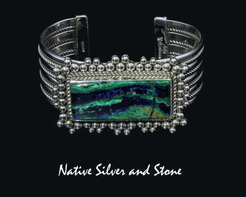 Z Artie Yellowhorse - Navajo<br>BCMAMTBB<br>7/8" Bracelet Cuff <br>Rectangle<br>Azurite-Malachite<br>Burst Beads & Twist<br>Sterling Silver<br>Size 6-3/8  (Medium)