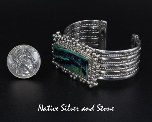 Z Artie Yellowhorse - Navajo<br>BCMAMTBB<br>7/8" Bracelet Cuff <br>Rectangle<br>Azurite-Malachite<br>Burst Beads & Twist<br>Sterling Silver<br>Size 6-3/8  (Medium)