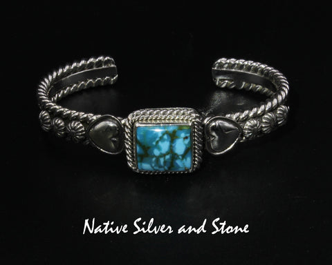 Artie Yellowhorse - Navajo<br>BCTKHTST<br>3/8" Bracelet  Cuff<br>11mm x 14mm Kingman Turquoise  Rectangle<br>Twists, Dual Hearts, & Shots<br>Sterling Silver<br>Size 6-1/16 (Small-Medium)