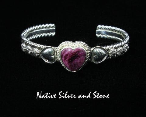 Artie Yellowhorse - Navajo<br>BCPSHTST<br>3/8" Bracelet Cuff<br>15mm x 15mm Heart<br>Purple Spiny Heart<br>Dual Hearts, Cable Twists, & Shots<br>Sterling Silver<br>Size 6-1/4 (Medium)
